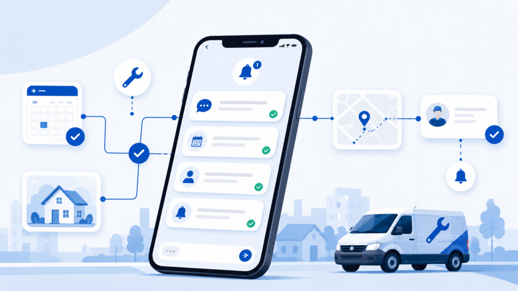 Illustration of a smartphone displaying customer notifications connected to a home service dispatch workflow with a service van, map tracking, and technician icons