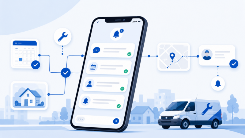 Illustration of a smartphone displaying customer notifications connected to a home service dispatch workflow with a service van, map tracking, and technician icons