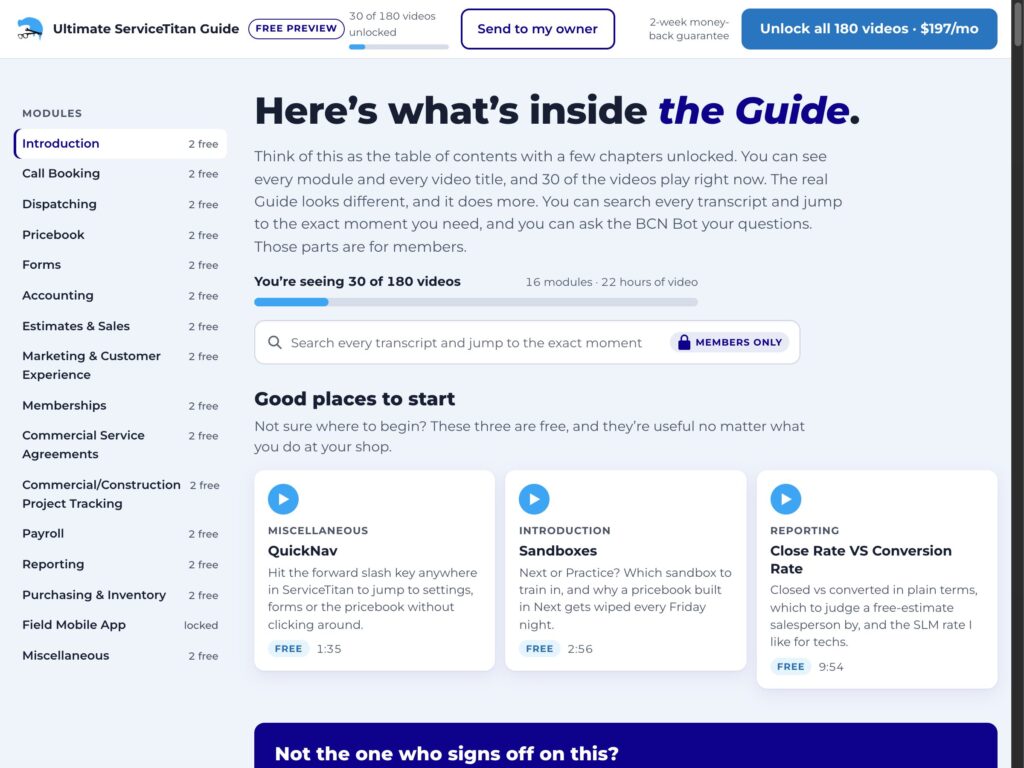 A look inside the free preview: the module list, a one-line rundown of each video, and the free videos you can play